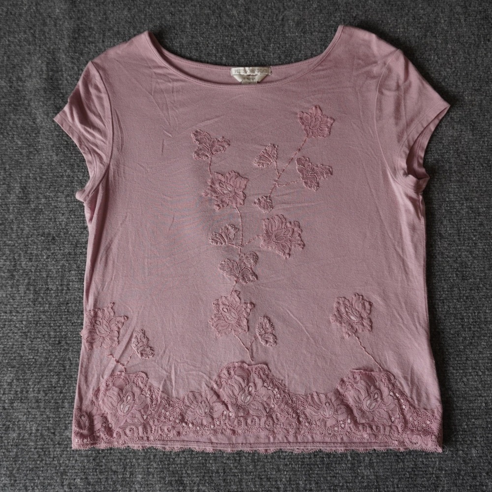 Petite‎ Sophisticate Dusty Rose Floral Lace Trim Stretch T-Shirt Top